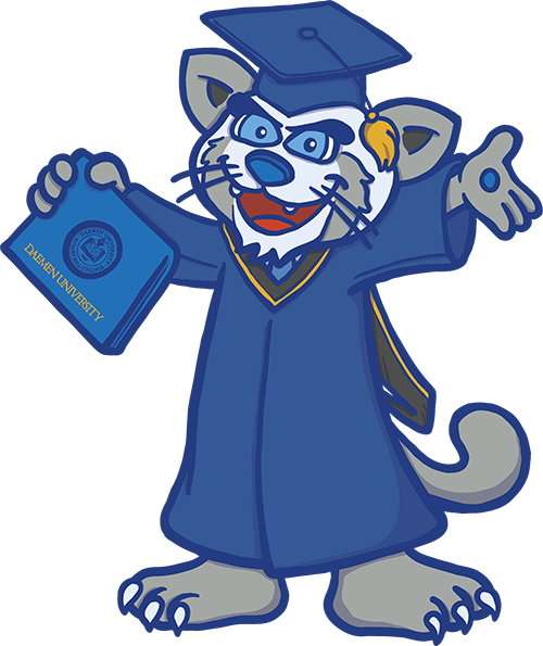 Cartoon Willie the Wildcat in graduation robes and mortar holding a diploma