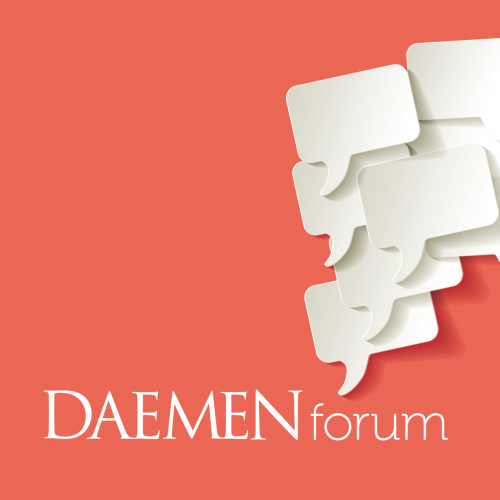 Daemen Forum | A Panel Series logo, red background with word bubbles