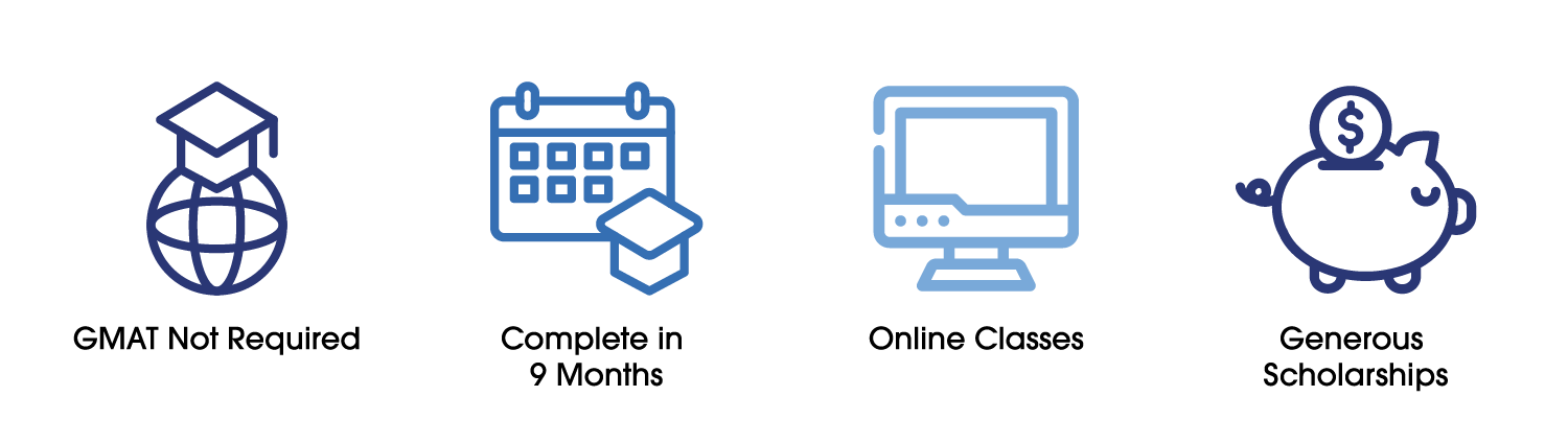 MBA advertsiing graphic saying four things: GMAT Not Required, 9 months to complete, Online Classes, Generous Scholarships