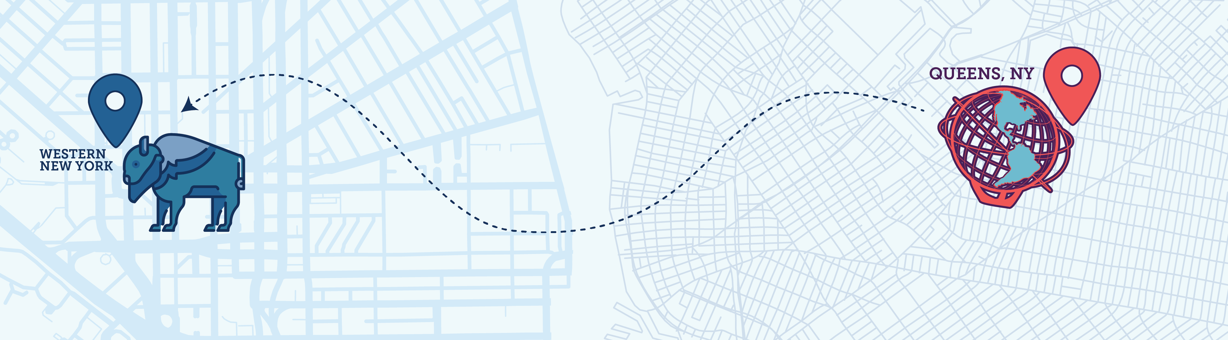 Dotted line map showing path from Queens NY to Western New York