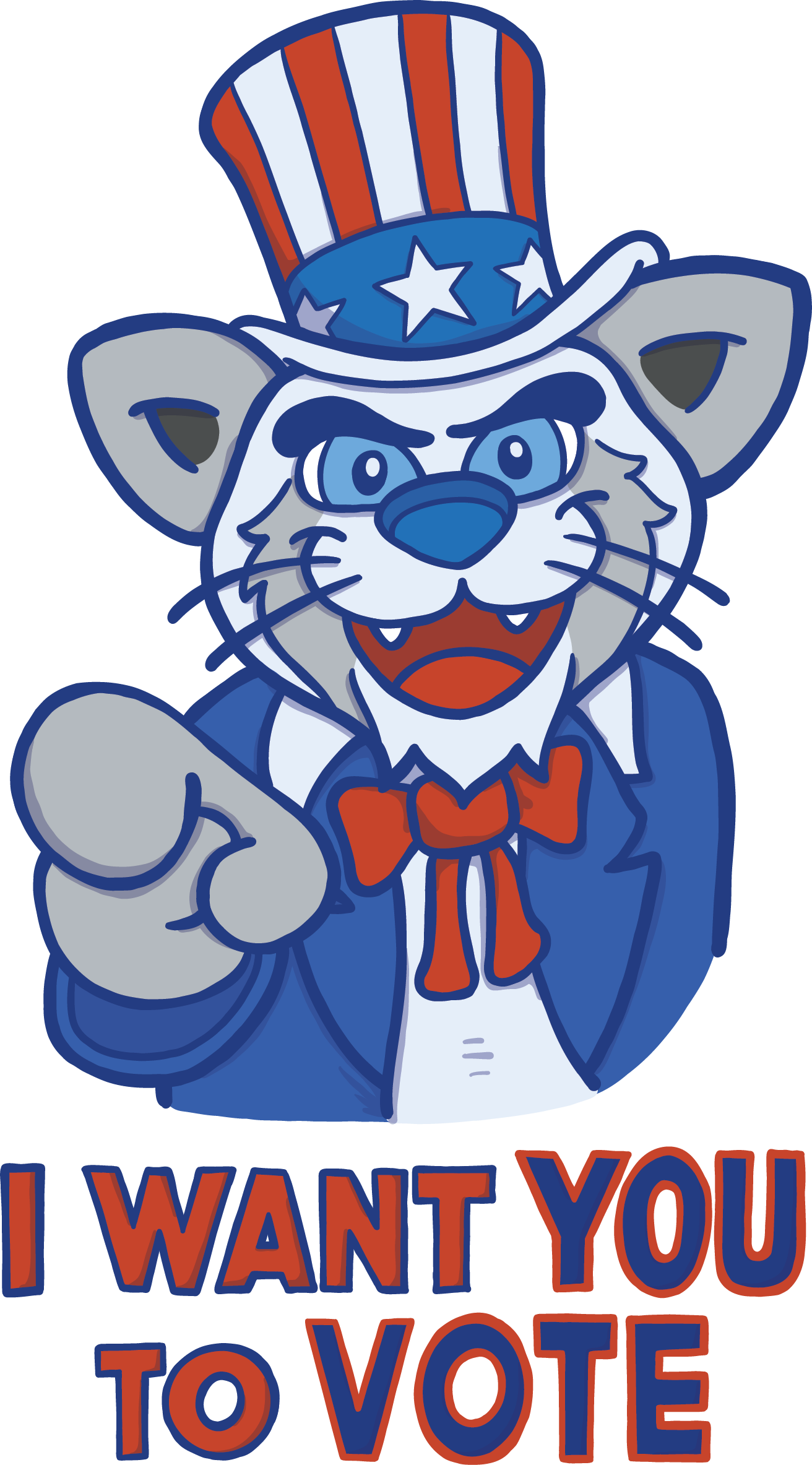 Uncle Sam Willie the Wildcat saying 'I want you to vote'