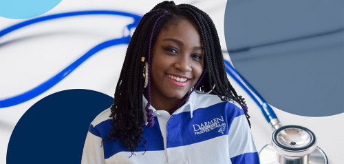 Female Daemen student in a white and blue striped shirt; stethoscope is visible behind her