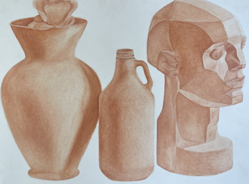 Illustrations of a vase, jug, and human head