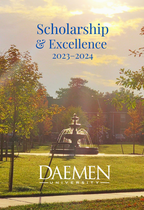 Scholarship & Excellence 2024 Cover, fountain in Daemen Quad