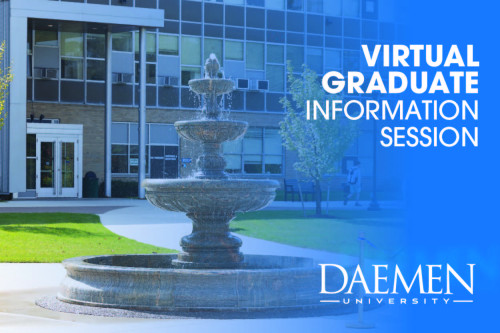 Promotional image for the Virtual Graduate Information Session depicting the fountain inside Saffrin Public Square