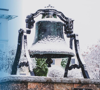 Promotional image for the Virtual Graduate Information Session showing the Founders bell.