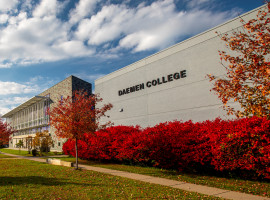 Angle view of the front of campus with trees in fall colors